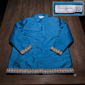 Silk Lore by Beth Terrell Womens Blue Solid Woven Silk Collared Button-Up Size1X